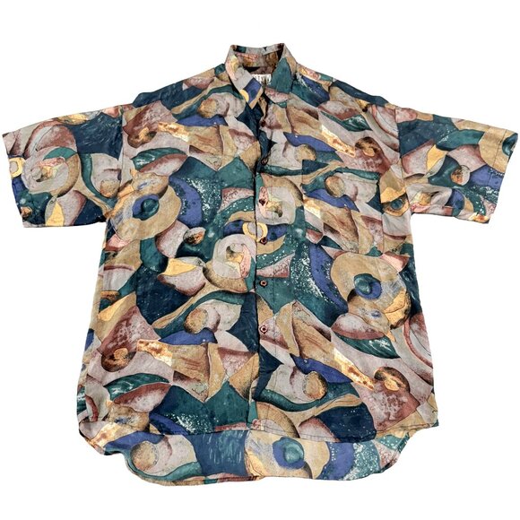 City Streets Other - 90's VTG CITY STREETS Vintage 100% Silk Abstract Art Print Button Shirt Mens M